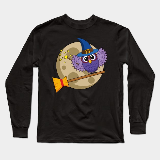 Cartoon Wizard Owl Flying on Broom Long Sleeve T-Shirt by BirdAtWork